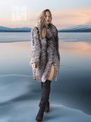 Silver fox faux fur hooded coat, side view, long sleeves and high collar.