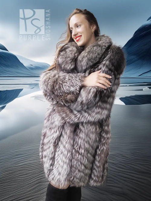 Silver fox faux fur hooded coat, long sleeves, button-front, textured gray print.