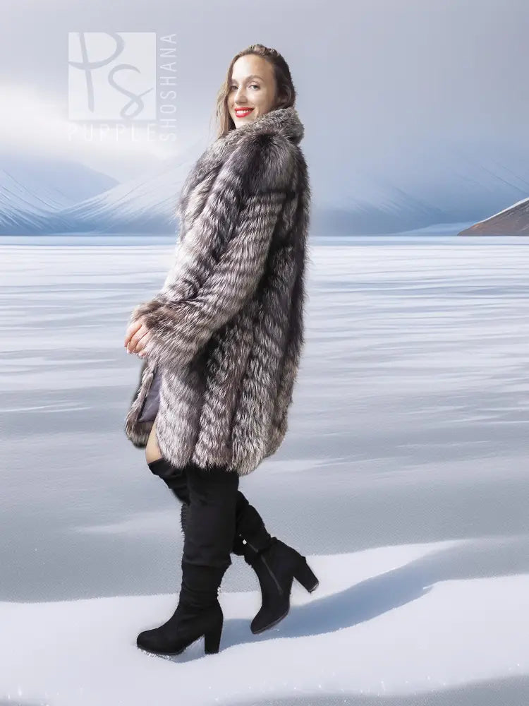 Gray and silver fur hooded coat with textured finish, side view, flared hem
