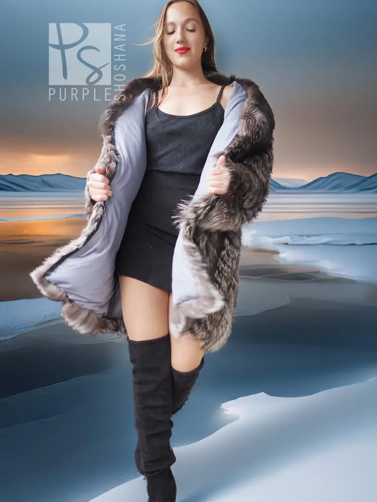 Silver fox fur flare coat over black dress, open front with long sleeves