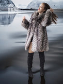 Silver fox fur jacket, short hooded style with wide collar and fluffy textured trim