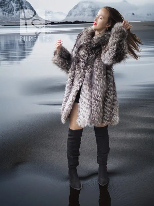 Silver fox fur jacket, short hooded style with wide collar and fluffy textured trim