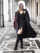 Hooded mink fur coat in black with burgundy accents, A-line long length