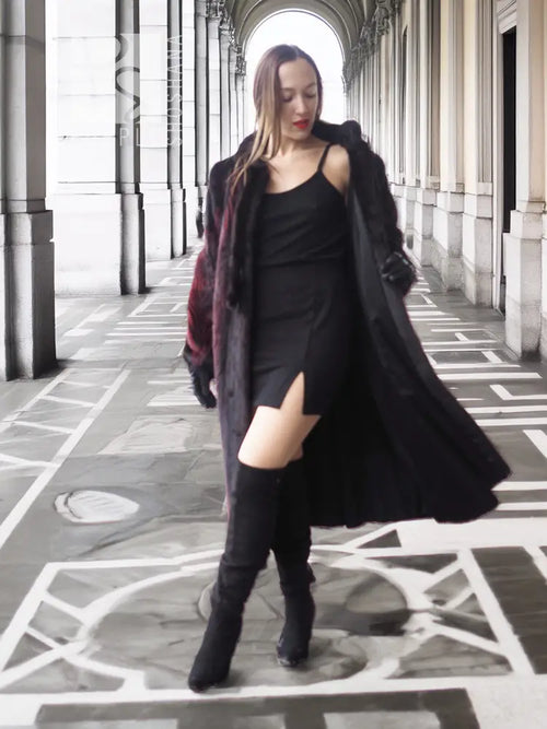 Hooded mink fur coat in black with burgundy accents, A-line long length