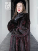 Two-tone mink fur coat, dark with red accents, fur cuffs and high collar detail