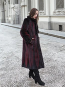 Two-tone mink fur coat, dark with red accents, tall collar, side profile