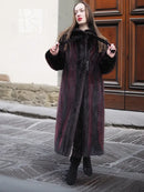 Two-tone mink fur coat with black fur and maroon-red vertical sections, button front