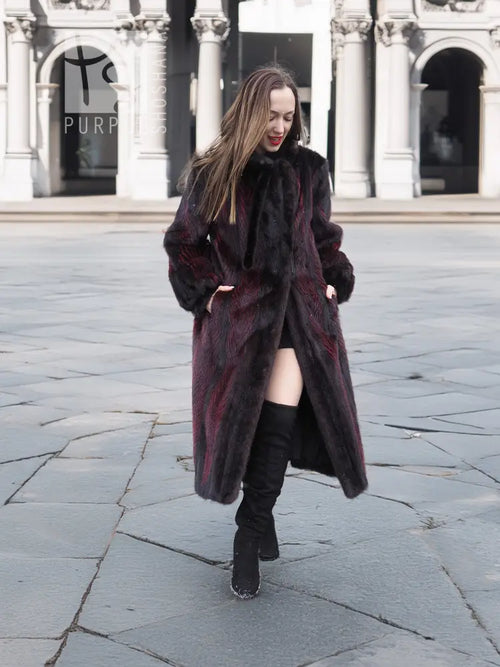 Hooded two-tone mink fur coat, black with burgundy stripes, long sleeves