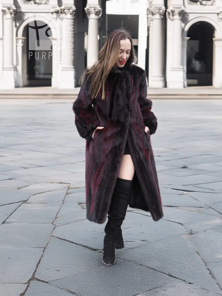 Hooded two-tone mink fur coat, black with burgundy stripes, long sleeves