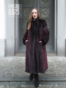 Two-tone mink fur coat with hood, black and burgundy panels, long sleeves