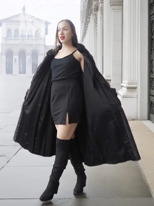 Two-tone mink fur coat, dark with red accents, open front, long sleeves