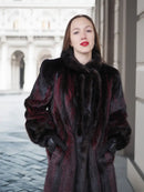 Two-tone mink fur coat, dark with red accents, plush tall collar, long sleeves