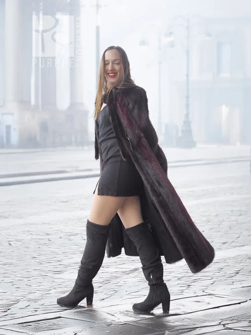Two-tone mink fur coat in dark red and black, long length with wide swing hem