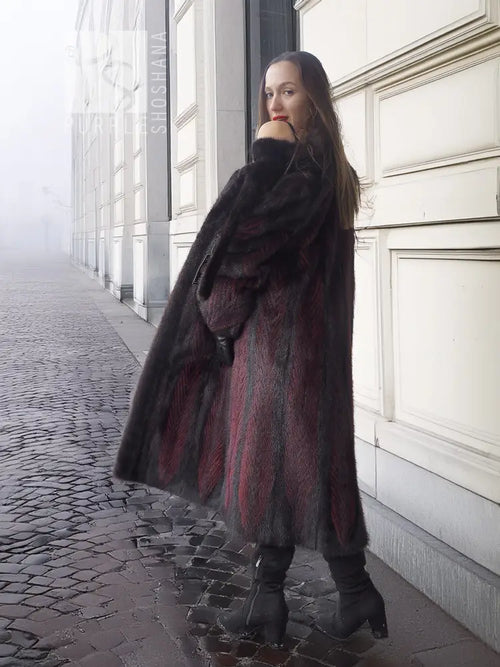 Two-tone mink fur coat with dark red and black long length, front button closure