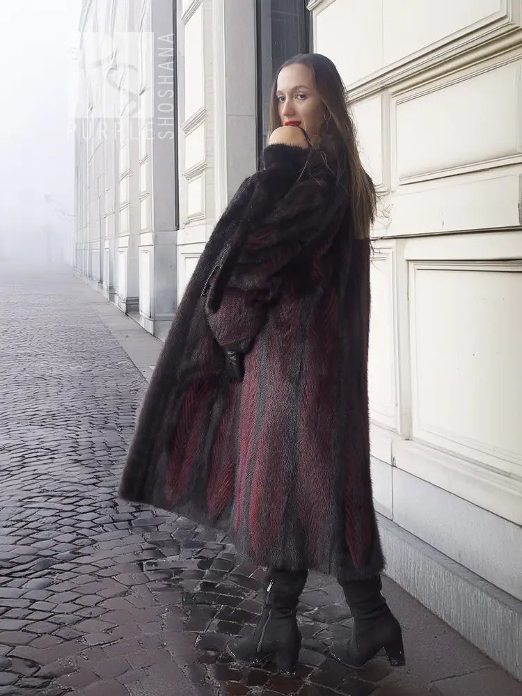 Two-tone mink fur coat with dark red and black long length, front button closure