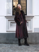 Two-tone mink fur coat, dark red and black, long sleeves, button-front
