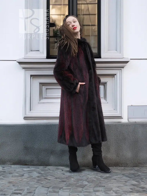 Two-tone mink fur coat, dark red and black, long sleeves, button-front