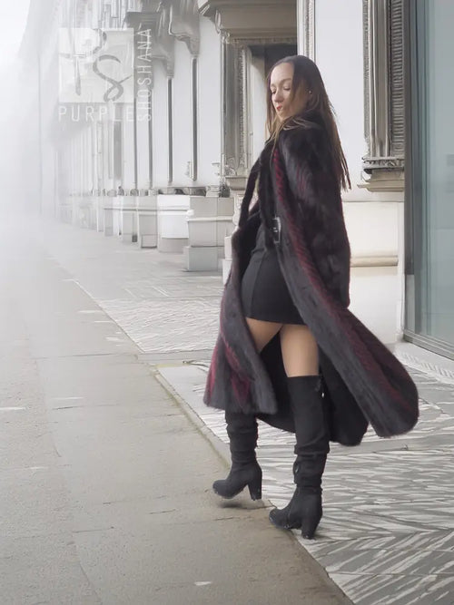 Hooded mink fur coat, black with burgundy accents, open flowing side panels