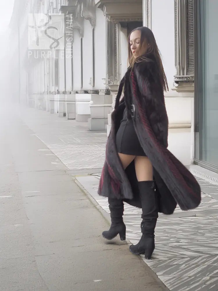 Hooded mink fur coat, black with burgundy accents, open flowing side panels