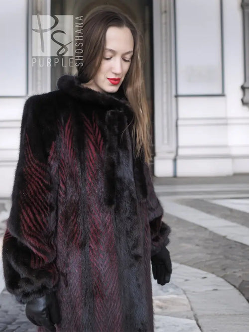 Hooded mink fur coat, black with burgundy diagonal texture, long sleeves