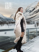 Cream two-tone fox coat with shawl collar and chevron fur pattern, long sleeves