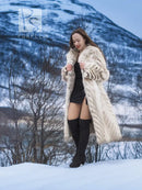 Light fox coat with shawl collar, chevron fur texture, open front