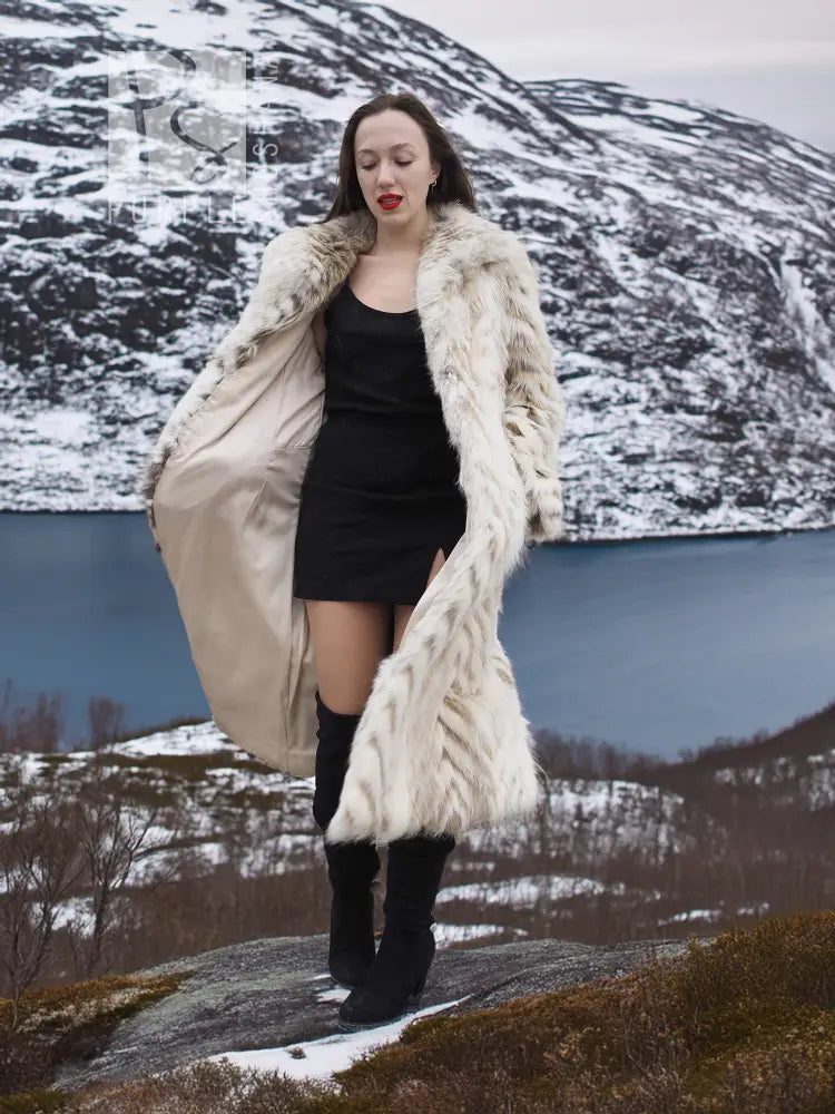 Cream two-tone faux fur coat with shawl collar, chevron pattern, open drape