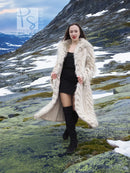 Cream two-tone fox-fur coat with shawl collar, long sleeves, and chevron pattern