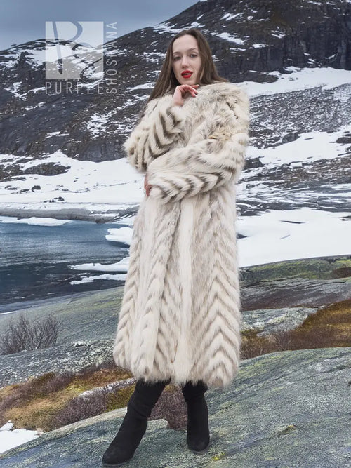Cream two-tone faux fur coat with shawl collar, chevron pattern, full length view