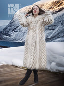 Cream two-tone faux fur coat with shawl collar, chevron pattern, front view