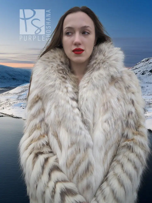 Cream two-tone fox-fur coat with shawl collar and chevron pattern