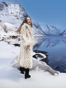 Cream two-tone fox-fur coat with shawl collar and zigzag chevron texture