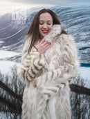 Cream two-tone fox-fur coat with shawl collar and chevron stripe detailing