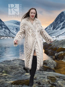 Cream two-tone faux fur coat with shawl collar, chevron pattern, mid-calf length