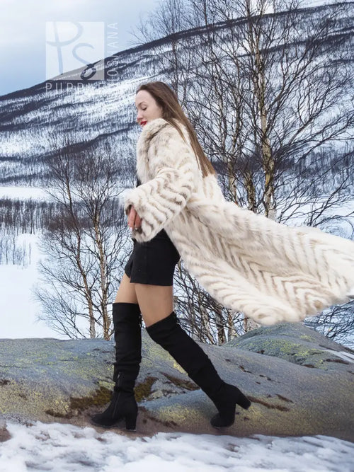 Cream two-tone fox-fur coat with long length and chevron fur design