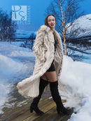 Cream two-tone fox-fur coat with long sleeves, shawl collar, and chevron design