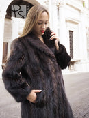 Muskrat fur coat close-up of two-tone herringbone fur and high collar