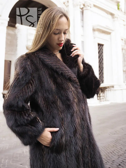 Muskrat fur coat close-up of two-tone herringbone fur and high collar