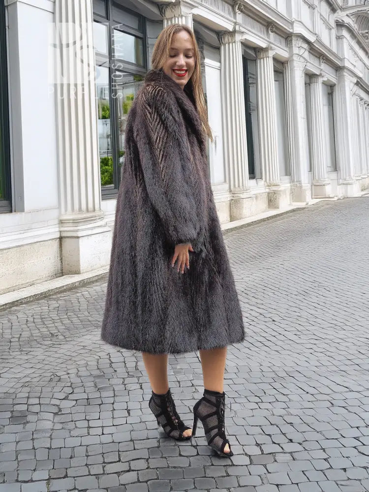 Two-tone muskrat fur coat, draped front and long sleeves, midi hem