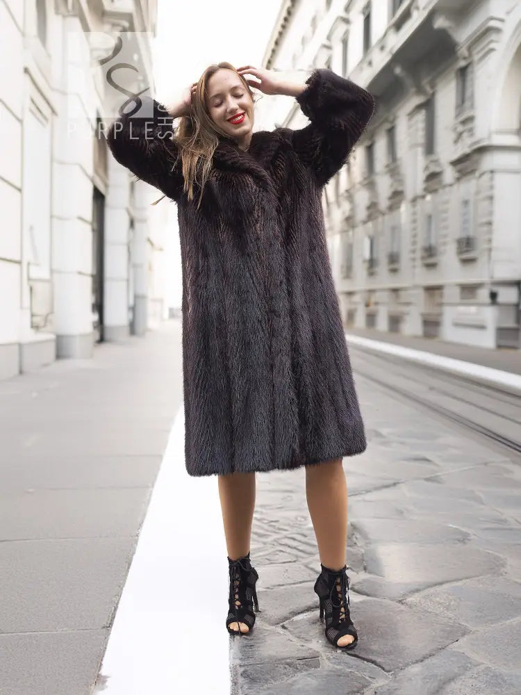 Two-tone muskrat fur coat, dark herringbone pattern, wide sleeves and notched front