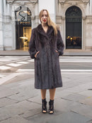 Two-tone muskrat fur coat, dark herringbone fur with full buttonless look, mid-length