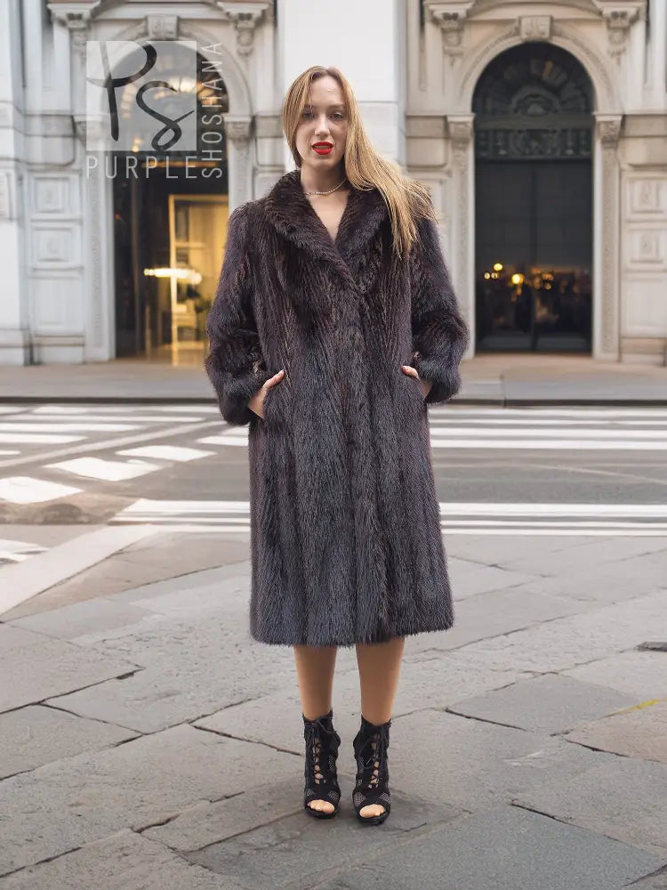Two-tone muskrat fur coat, dark herringbone fur with full buttonless look, mid-length