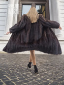 Two-tone muskrat fur coat, herringbone texture, full skirt hem, long sleeves