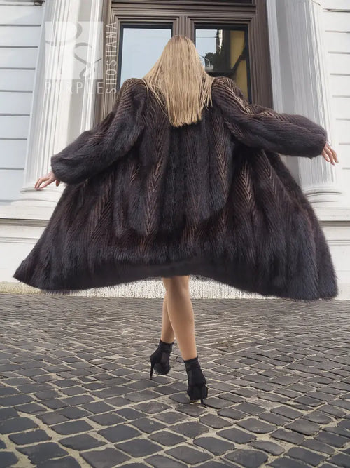 Two-tone muskrat fur coat, herringbone texture, full skirt hem, long sleeves