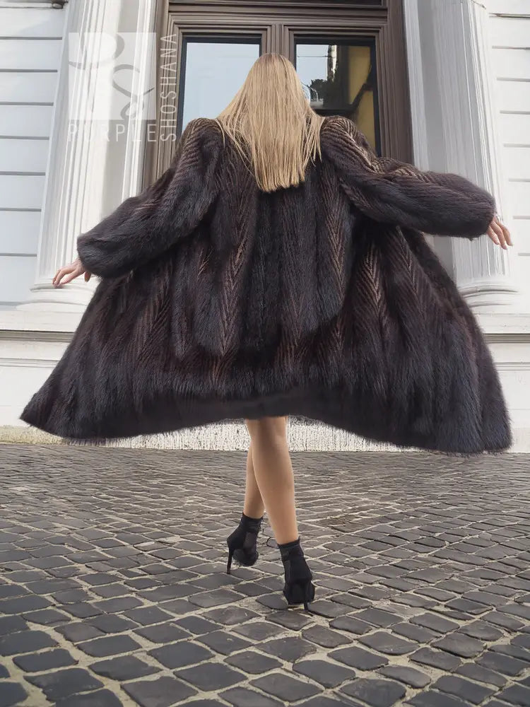 Two-tone muskrat fur coat, herringbone texture, full skirt hem, long sleeves