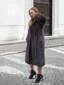 Two-tone muskrat fur coat, herringbone pattern, long with high collar