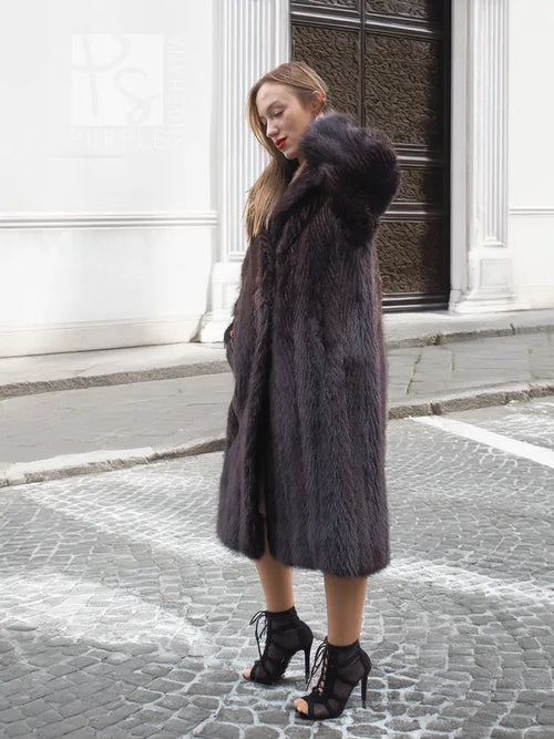 Two-tone muskrat fur coat, herringbone pattern, long with high collar