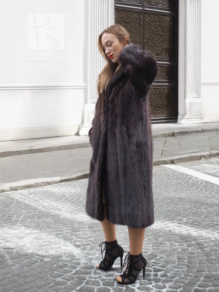 Two-tone muskrat fur coat, herringbone pattern, long with high collar