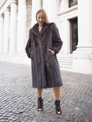 Two-tone muskrat fur coat, dark herringbone weave, notched collar, mid-length