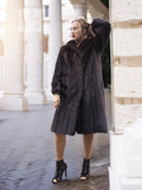 Two-tone muskrat fur coat, dark herringbone fur with plush raised collar, mid-length